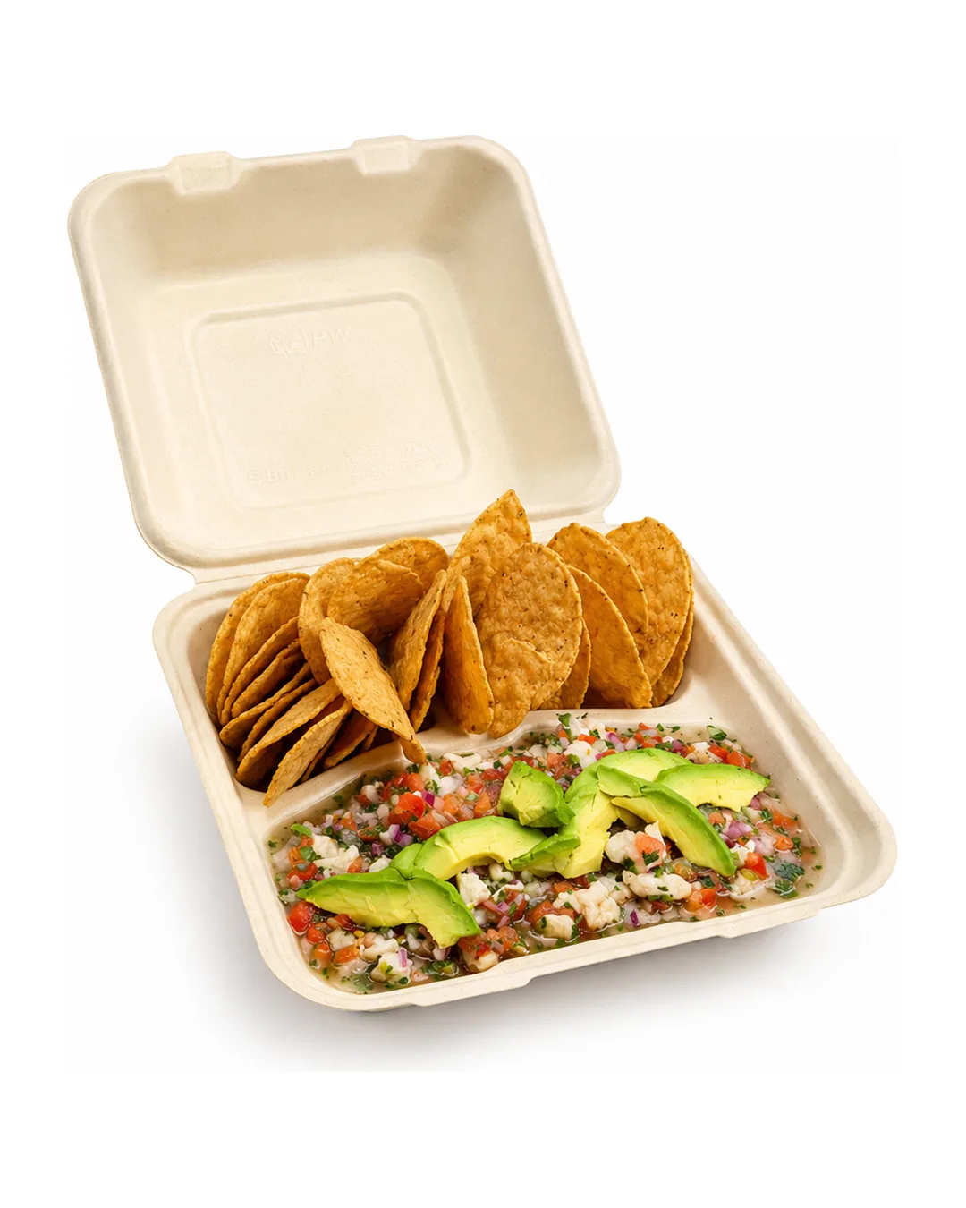 Halibut ceviche with avocado, served with tortilla chips in an open compostable box