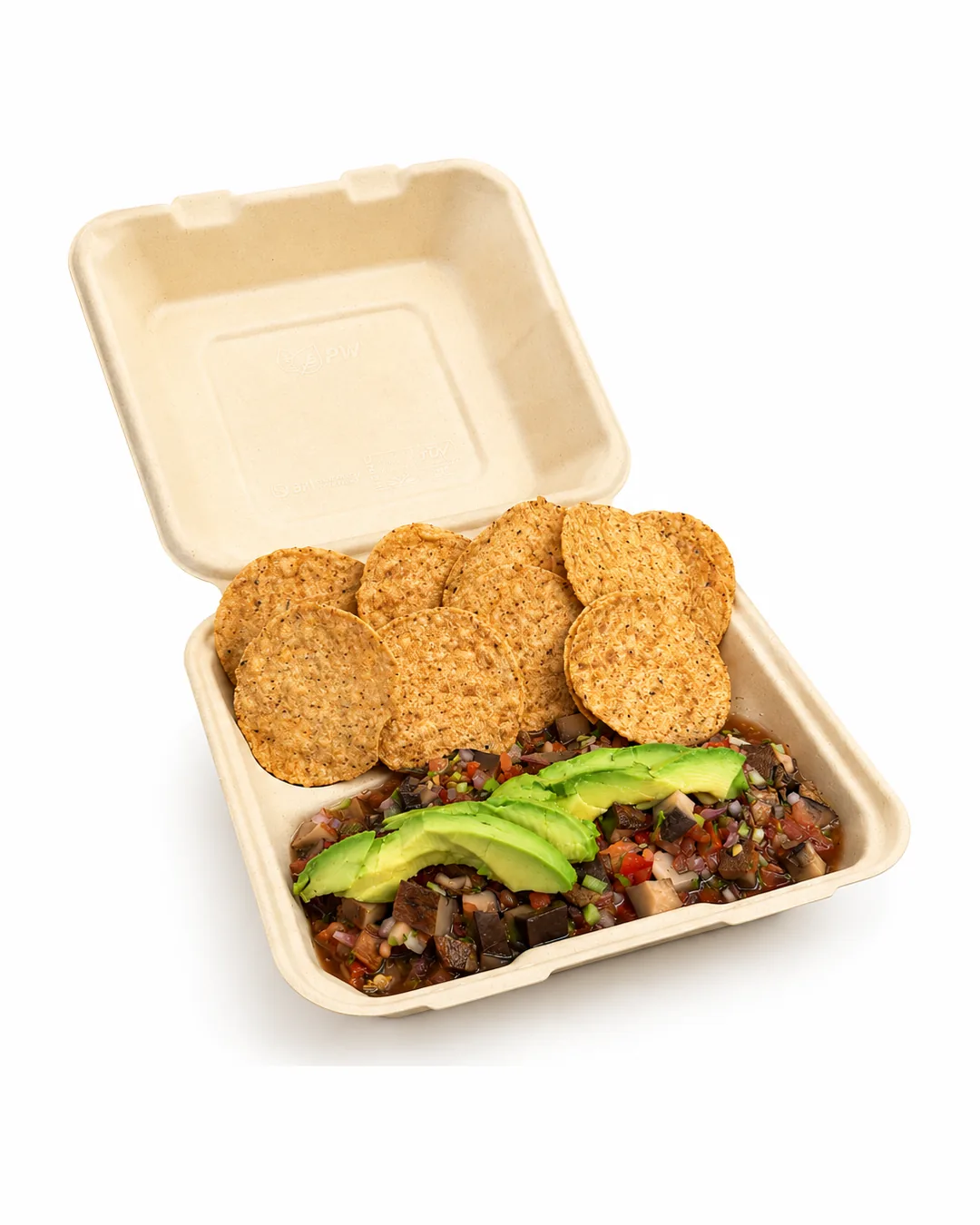 Portobello mushroom ceviche with avocado, served with tortilla chips in an open compostable box