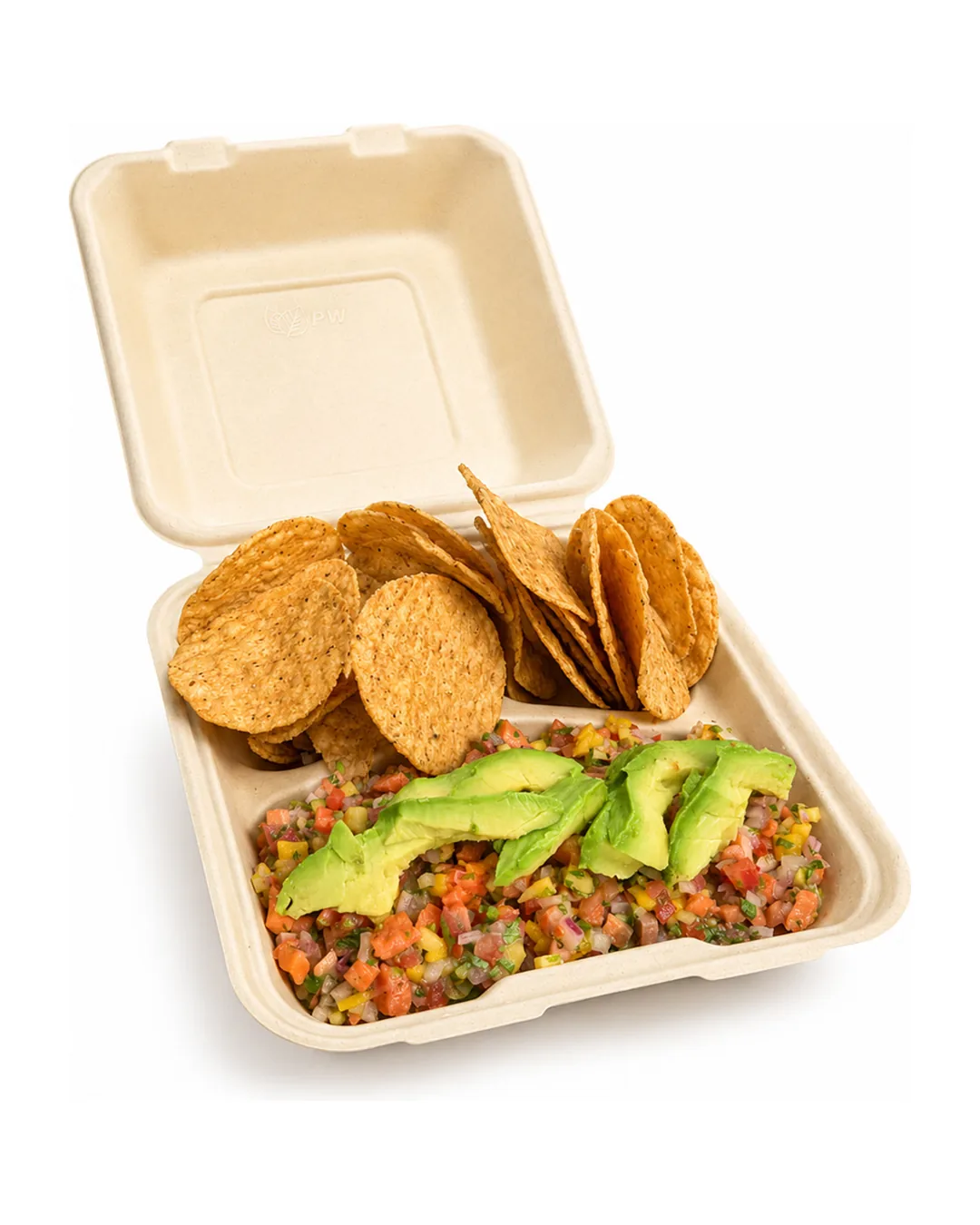 Salmon ceviche with mango and avocado, served with tortilla chips in an open compostable box